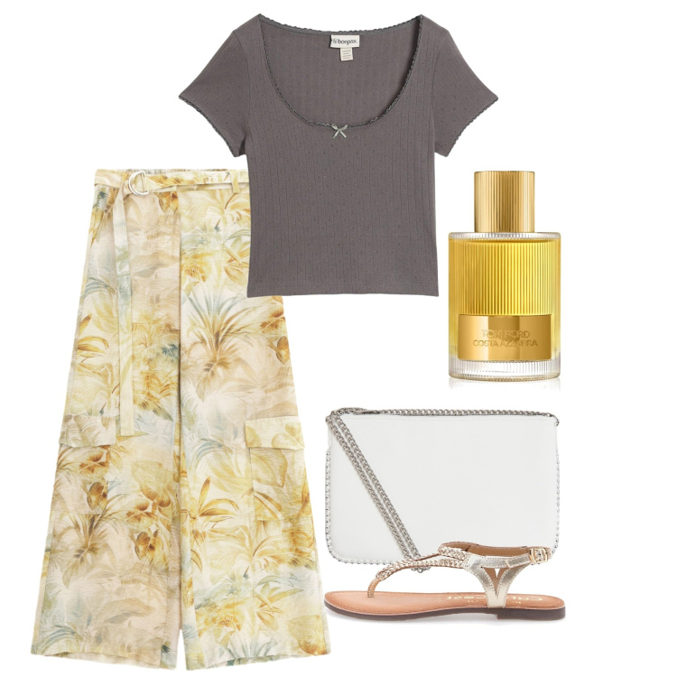 Outfit donna - Pantapalazzo a fiori. Stile Bon Ton per Tutti i giorni. Abbinamento con t-shirt, profumi, borse a tracolla, pantaloni, sandali.