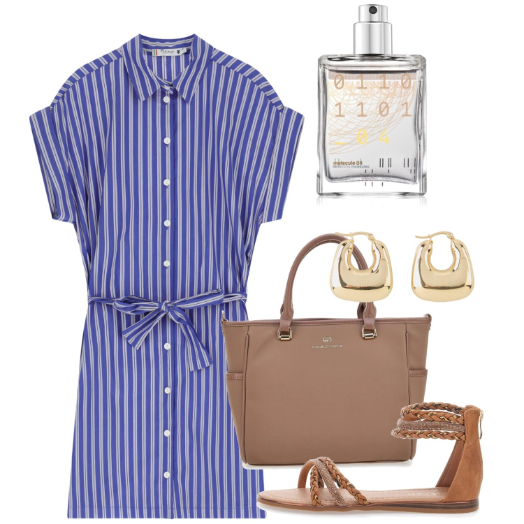 Outfit donna - Agosto. Stile Bon Ton per Tutti i giorni. Abbinamento con orecchini, profumi, vestiti corti, borse a tracolla, sandali.