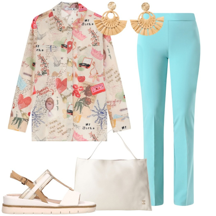 Outfit donna - Turchese ad agosto. Stile Casual chic per Tutti i giorni. Abbinamento con orecchini, pantaloni, camicie, borse a spalla, sandali.
