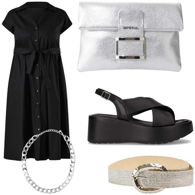 Outfit donna - Chemisier raffinato con dettagli silver. Stile Chic per Tutti i giorni. Abbinamento con collane, cinture, vestiti chemisier, pochette, sandali.