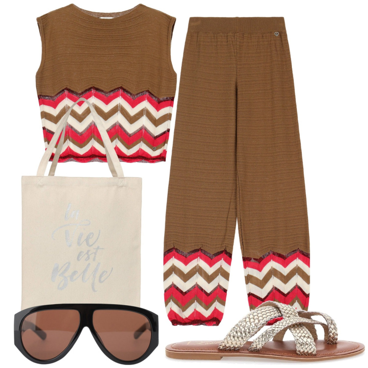 Outfit donna - Il completo estivo. Stile Etnico per Tutti i giorni. Abbinamento con borse tote, pantaloni, maglieria, occhiali da sole, infradito.