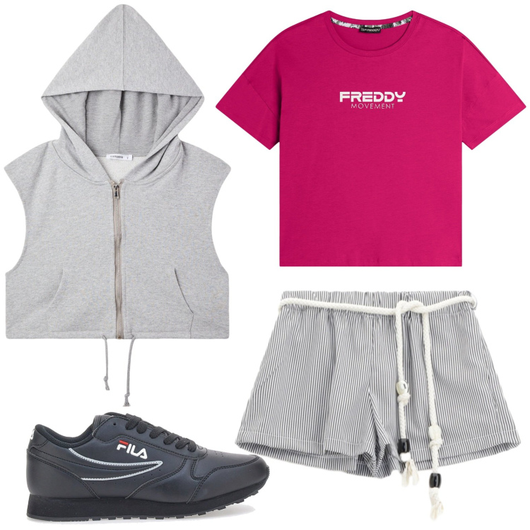 Outfit donna - Sporty chic. Stile Sporty chic per Tutti i giorni. Abbinamento con felpe con cappuccio, pantaloni corti, t-shirt, sneakers.