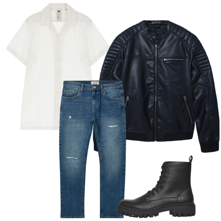 Outfit uomo - Giro in moto. Stile Trendy per Serata speciale. Abbinamento con giacche, anfibi, jeans strappati, camicie a manica corta.