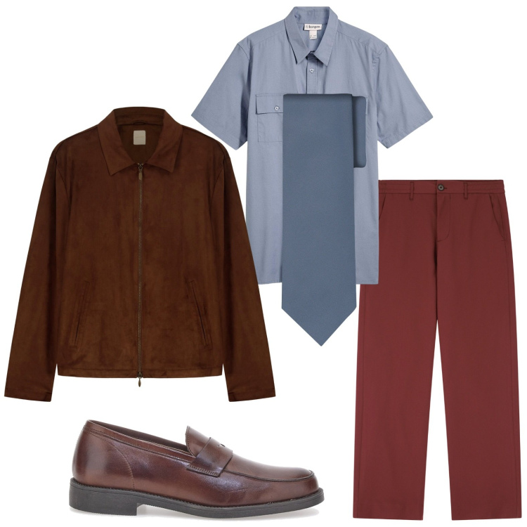 Outfit uomo - meeting di lavoro. Stile Casual per Ufficio. Abbinamento con camicie a manica corta, pantaloni, giacche, cravatte, scarpe stringate.