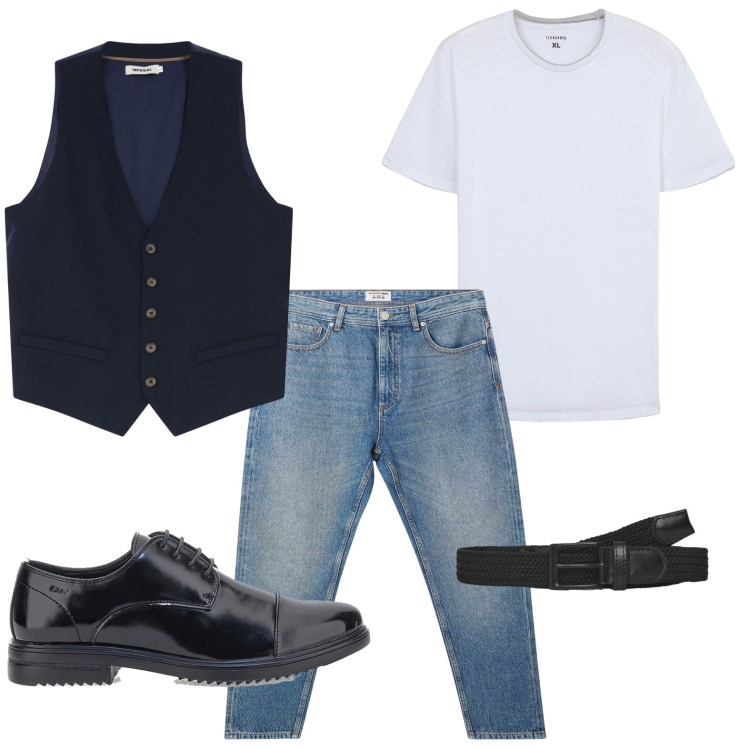 Outfit uomo - Aperitivo al tramonto. Stile Trendy per Serata speciale. Abbinamento con jeans, t-shirt, cinture, gilet, scarpe stringate.