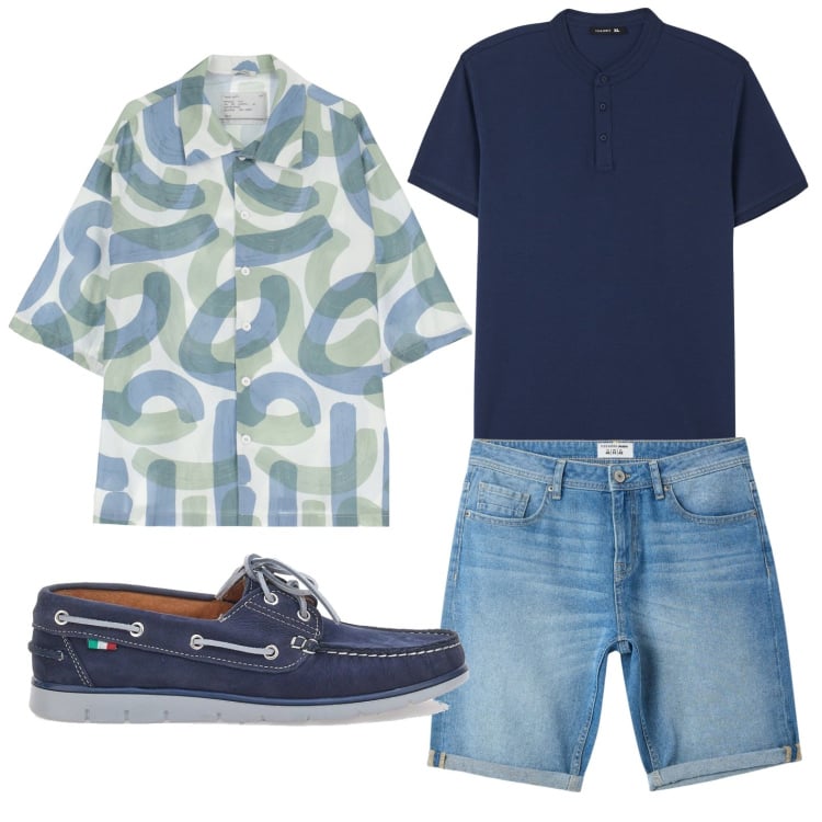 Outfit uomo - Grigliata all\'aperto. Stile Urban per Tutti i giorni. Abbinamento con t-shirt, bermuda, camicie a manica corta, scarpe stringate.