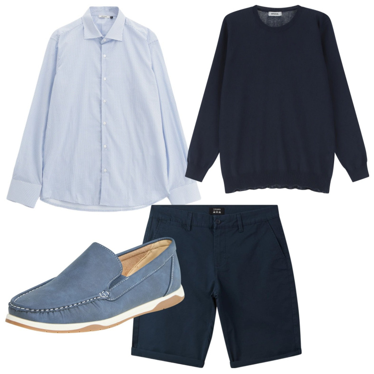 Outfit uomo - Serata libera. Stile Trendy per Serata speciale. Abbinamento con scarpe stringate, bermuda, maglieria, camicie.