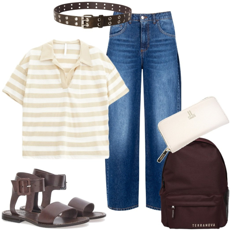 Outfit donna - Total look #2229913. Stile Urban per Tutti i giorni. Abbinamento con zaini, cinture, jeans, polo, portafogli, sandali.