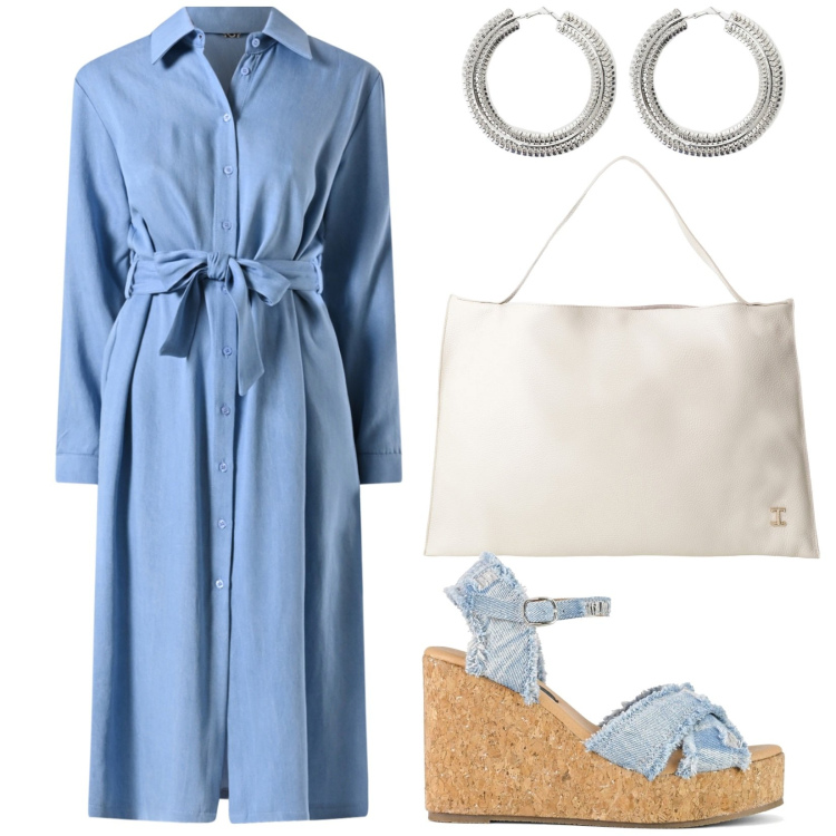 Outfit donna - Total look #2229914. Stile Casual chic per Tutti i giorni. Abbinamento con vestiti chemisier, borse a spalla, orecchini, zeppe.