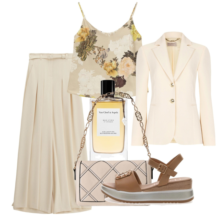 Outfit donna - Agosto avorio. Stile Chic per Tutti i giorni. Abbinamento con profumi, borse a tracolla, blazer, pantaloni a palazzo, top, sandali.