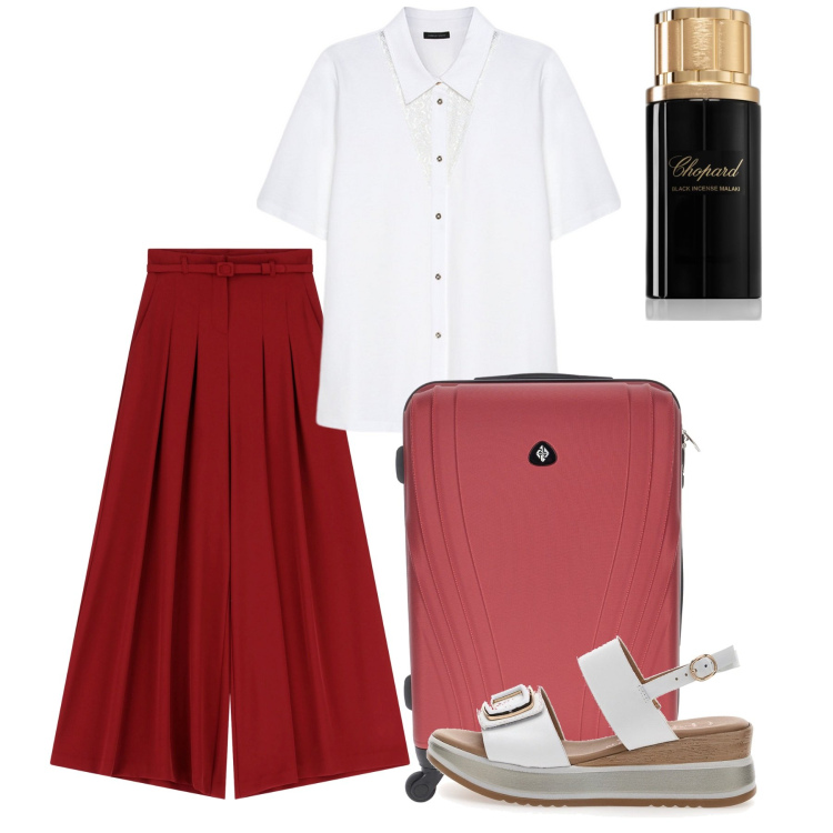 Outfit donna - Agosto. Stile Bon Ton per Tutti i giorni. Abbinamento con profumi, pantaloni a palazzo, camicie a manica corta, sandali, valigie.