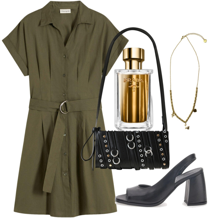 Outfit donna - Agosto. Stile Bon Ton per Ufficio. Abbinamento con vestiti, profumi, borse a spalla, ciondoli, sandali.