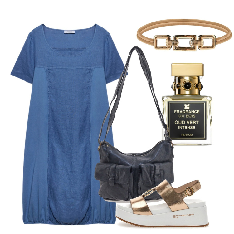 Outfit donna - Agosto. Stile Bon Ton per Tutti i giorni. Abbinamento con profumi, cinture, vestiti midi/longuette, sandali, borse a tracolla.