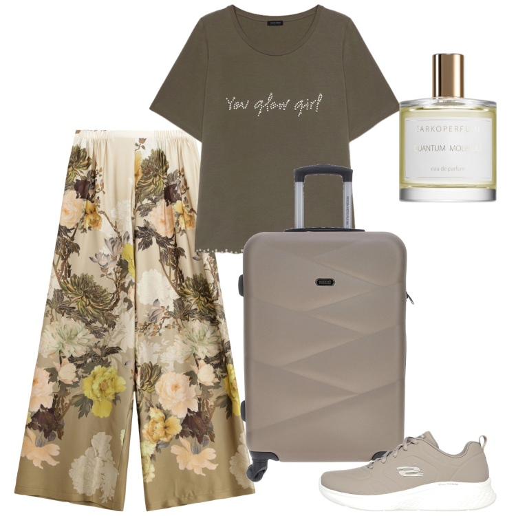 Outfit donna - Agosto. Stile Bon Ton per Tutti i giorni. Abbinamento con profumi, pantaloni a palazzo, sneakers, valigie, t-shirt.