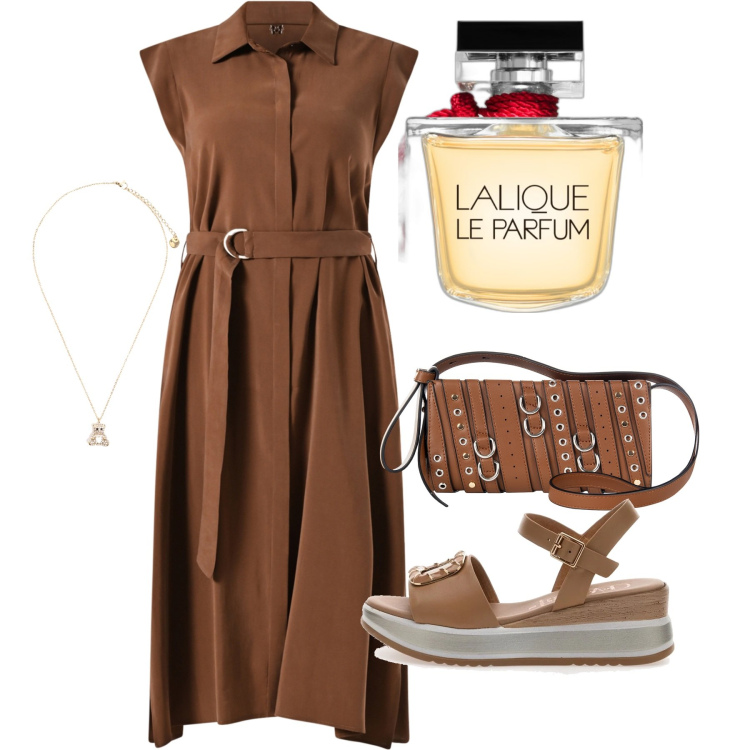 Outfit donna - Agosto. Stile Bon Ton per Ufficio. Abbinamento con profumi, borse a spalla, vestiti chemisier, ciondoli, sandali.