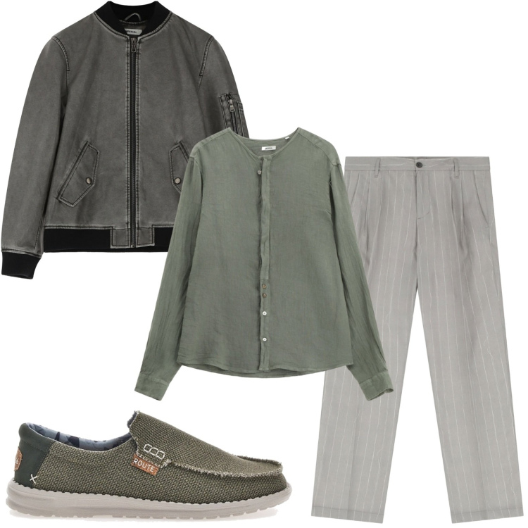Outfit uomo - Eleganza sobria. Stile Casual per Ufficio. Abbinamento con camicie, bomber, pantaloni, scarpe stringate.