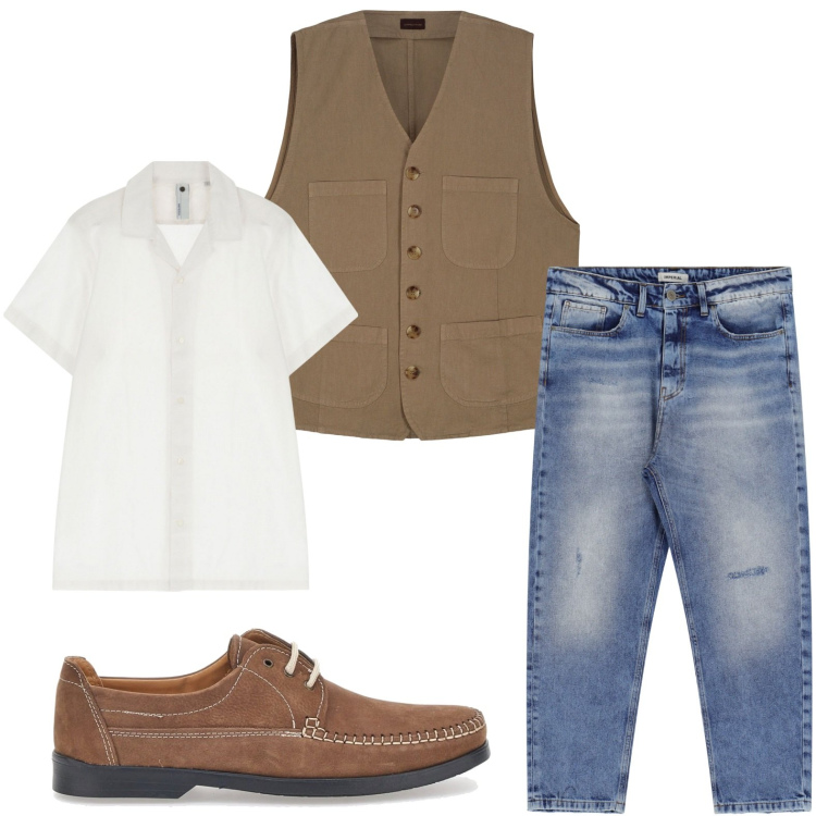 Outfit uomo - Il gilet leggero. Stile Casual per Tutti i giorni. Abbinamento con camicie a manica corta, jeans, scarpe stringate, gilet.