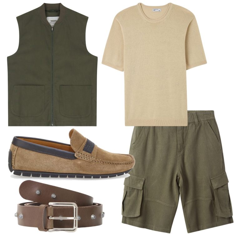 Outfit uomo - Colori naturali. Stile Casual per Tutti i giorni. Abbinamento con bermuda, t-shirt, gilet, cinture, scarpe stringate.