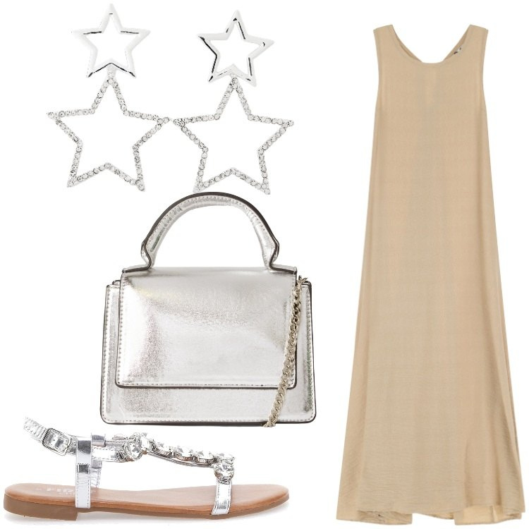 Outfit donna - Stella stellina. Stile Chic per Serata fuori. Abbinamento con orecchini, borse a tracolla, vestiti lunghi, sandali gioiello.