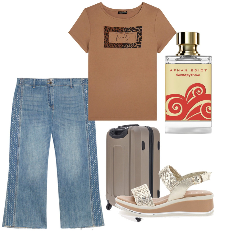 Outfit donna - Agosto. Stile Casual per Tutti i giorni. Abbinamento con profumi, t-shirt, valigie, jeans strappati, sandali.