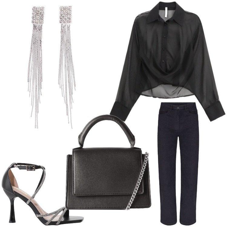 Outfit donna - Nero e argento. Stile Chic per Serata fuori. Abbinamento con orecchini, borse a tracolla, camicie, sandali col tacco, pantaloni.
