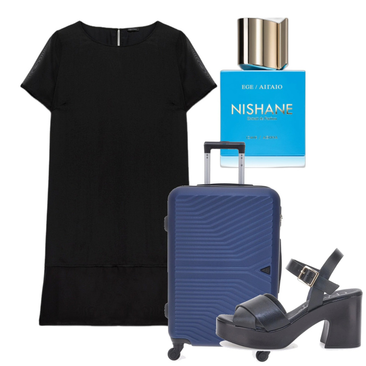 Outfit donna - Agosto. Stile Bon Ton per Tutti i giorni. Abbinamento con profumi, vestiti midi/longuette, sandali col tacco, valigie.