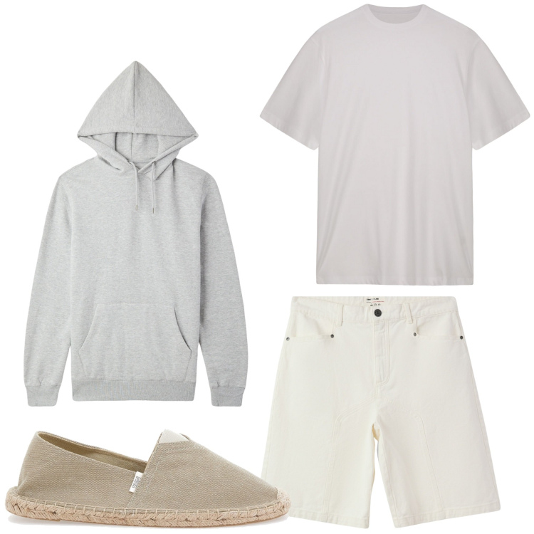 Outfit uomo - I primi freschi. Stile Casual per Tutti i giorni. Abbinamento con bermuda, felpe con cappuccio, t-shirt, espadrillas.