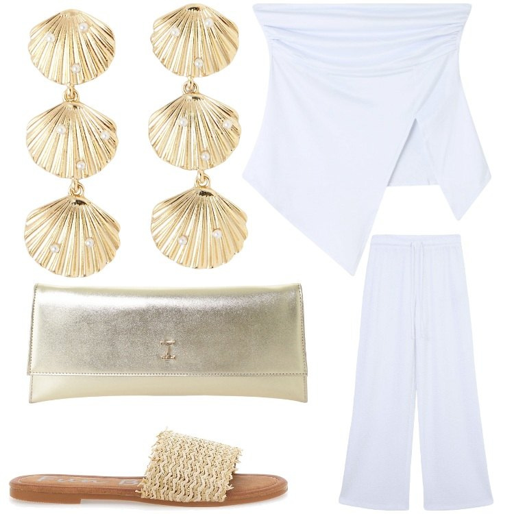 Outfit donna - Estate d´oro. Stile Chic per Serata fuori. Abbinamento con top, pantaloni, orecchini, pochette, ciabatte.