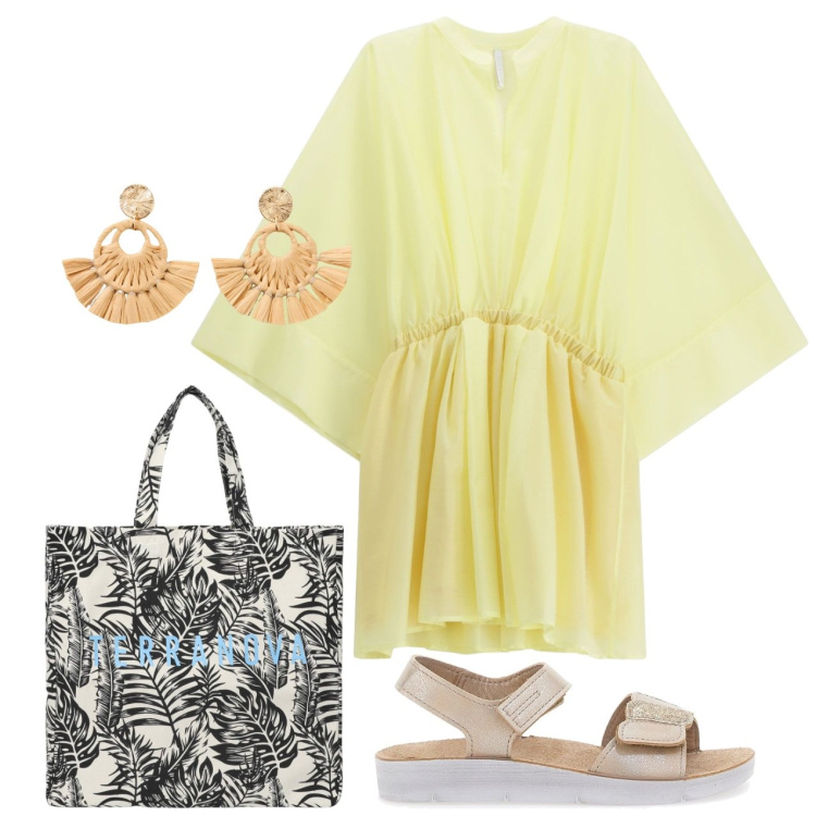 Outfit donna - Estate. Stile Chic per Tutti i giorni. Abbinamento con orecchini, borse tote, vestiti corti, sandali.