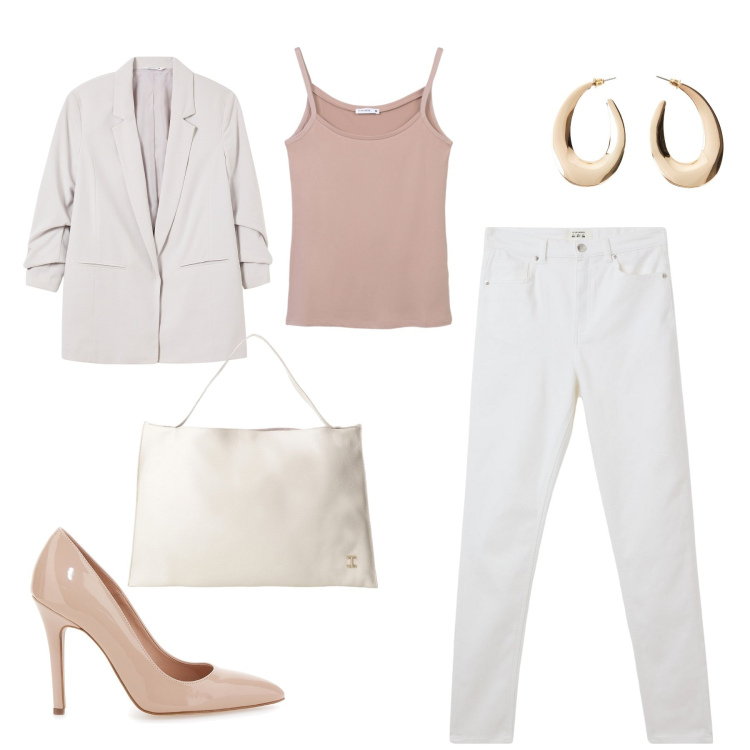 Outfit donna - Rose touch. Stile Casual chic per Tutti i giorni. Abbinamento con orecchini, pantaloni skinny, blazer, canottiere, borse a spalla, décolleté.