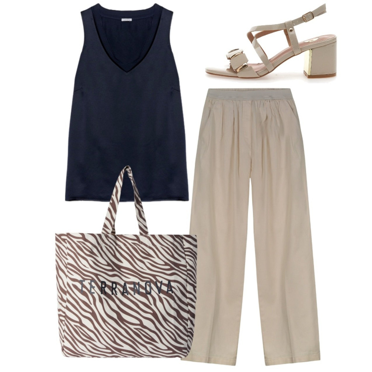 Outfit donna - Curvy. Stile Bon Ton per Ufficio. Abbinamento con borse tote, pantaloni, top, sandali col tacco.