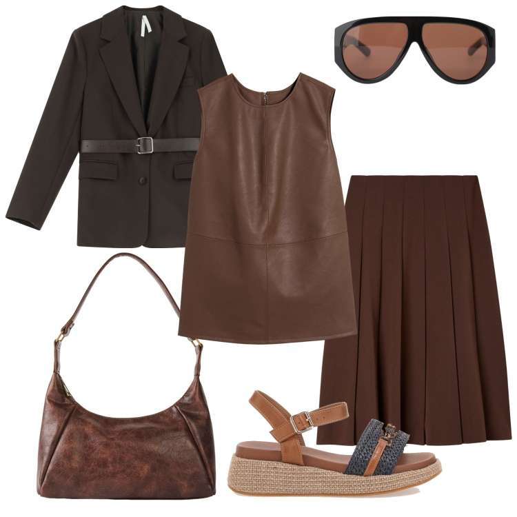 Outfit donna - Ritorno in ufficio. Stile Minimal per Ufficio. Abbinamento con borse a mano, top, gonne lunghe, occhiali da sole, blazer, sandali.