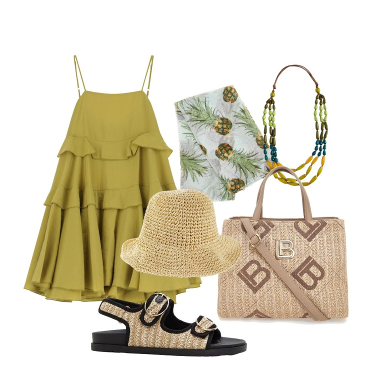 Outfit donna - Come abbinare il color pistacchio. Stile Casual chic per Tutti i giorni. Abbinamento con sandali, cappelli, vestiti corti, collane, foulard, borse a tracolla.