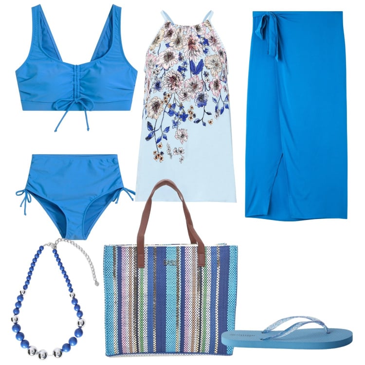 Outfit donna - I colori del mare. Stile Basic per Mare. Abbinamento con top, bikini, vestiti da spiaggia, infradito, shopping bag, collane.