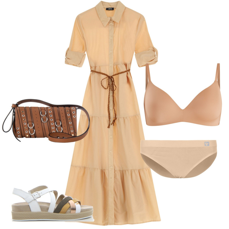 Outfit donna - L\'abito, bello e comodo, tutto il giorno. Stile Urban per Tutti i giorni. Abbinamento con reggiseni a balconcino, borse a spalla, culotte, vestiti chemisier, sandali.