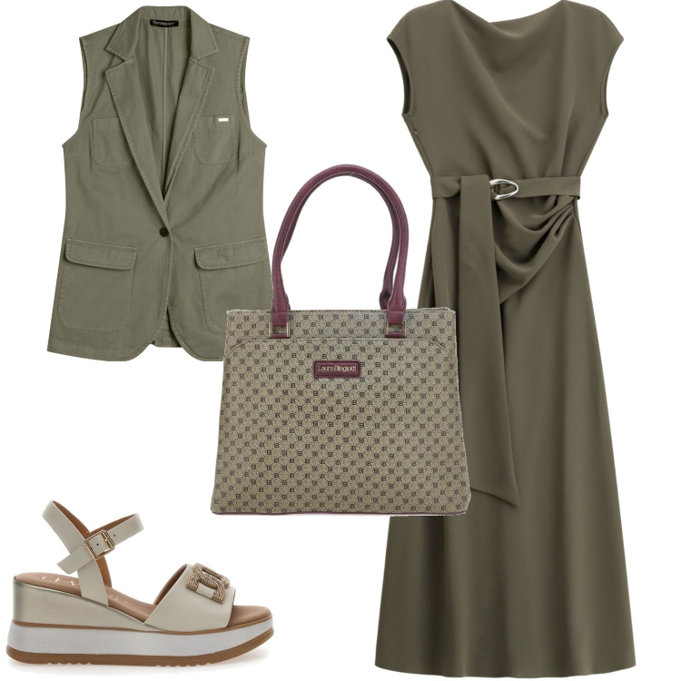 Outfit donna - City. Stile Urban per Tutti i giorni. Abbinamento con vestiti lunghi, gilet, sandali in pelle, borse a spalla.
