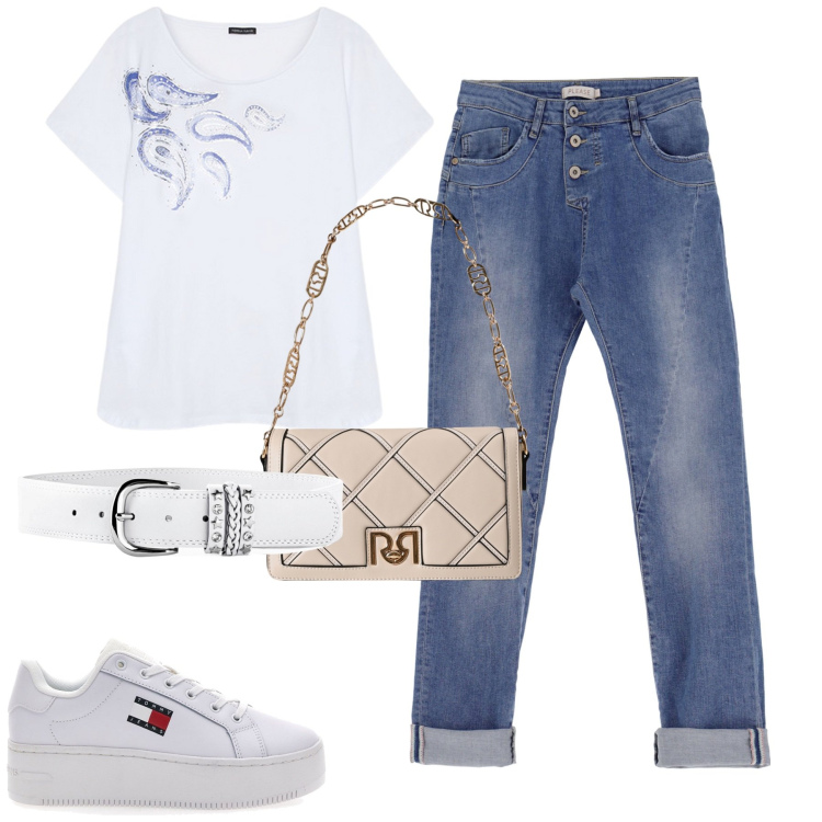 Outfit donna - Jeans e t-shirt. Stile Casual chic per Tutti i giorni. Abbinamento con cinture, borse a tracolla, jeans slim fit, t-shirt, sneakers.