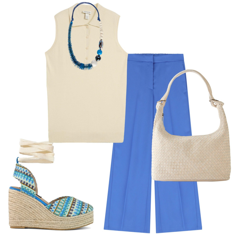 Outfit donna - Il potere del turchese. Stile Casual chic per Tutti i giorni. Abbinamento con shopping bag, top, pantaloni, zeppe, collane.