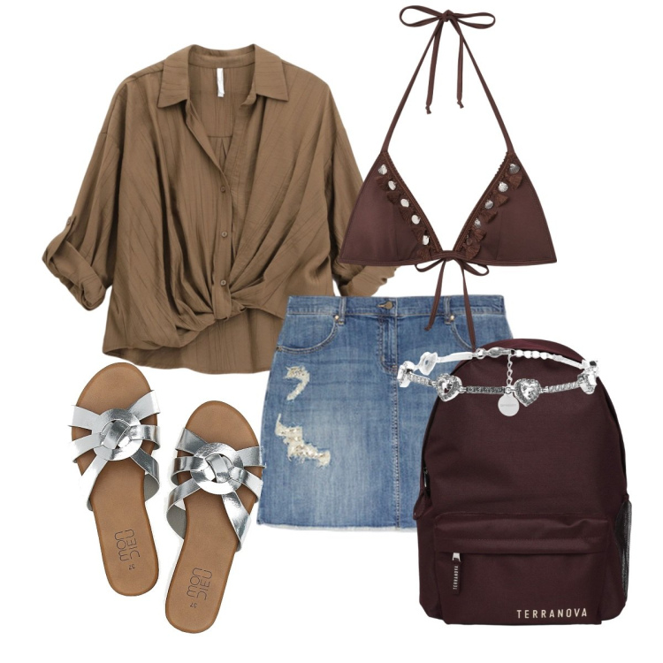 Outfit donna - Un falò in spiaggia. Stile Minimal per Mare. Abbinamento con zaini, bikini, camicie, braccialetti, ciabatte, minigonne.