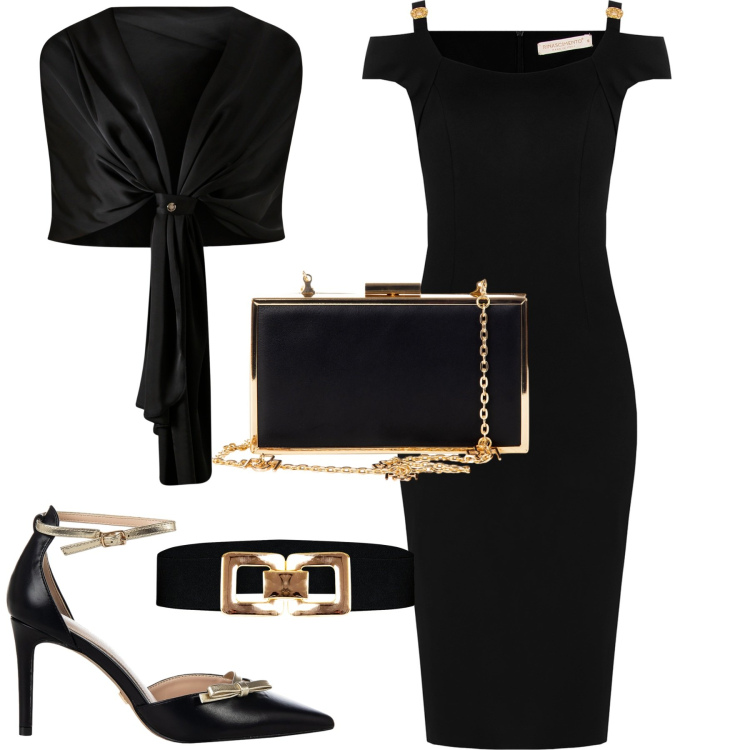 Outfit donna - Serata. Stile Chic per Serata fuori. Abbinamento con scialli, décolleté, pochette, cinture, vestiti midi/longuette.