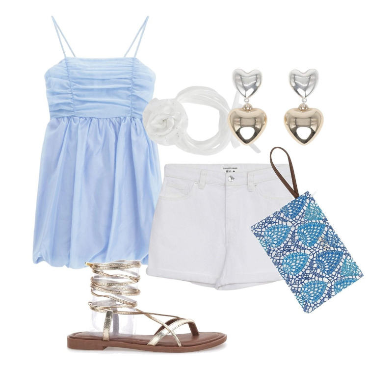 Outfit donna - Una festa in spiaggia. Stile Romantica per Tutti i giorni. Abbinamento con shorts, collane, orecchini, vestiti corti, sandali alla schiava, pochette.