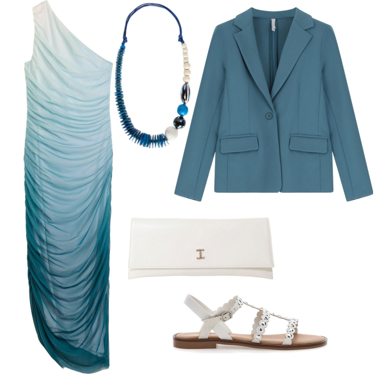 Outfit donna - Come una sirena. Stile Glamour per Serata fuori. Abbinamento con vestiti asimmetrici, blazer, pochette, sandali, collane.