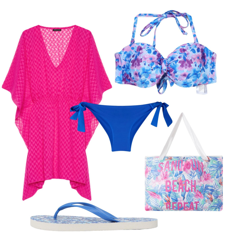 Outfit donna - Floreale sul lido. Stile Casual per Mare. Abbinamento con infradito, borse tote, bikini, bikini, caftani.