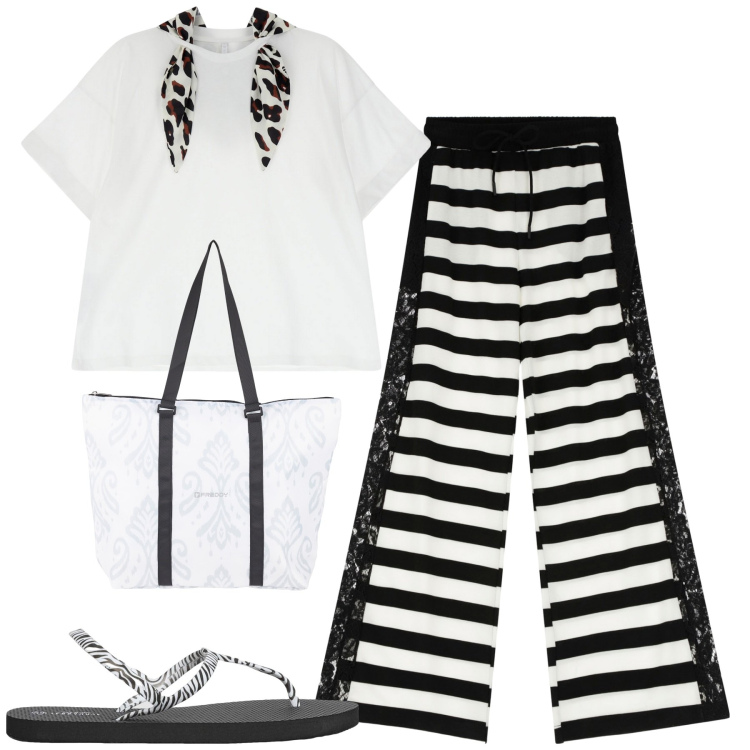 Outfit donna - Total look #2230102. Stile Casual per Tutti i giorni. Abbinamento con sandali, pantaloni a palazzo, t-shirt, shopping bag.