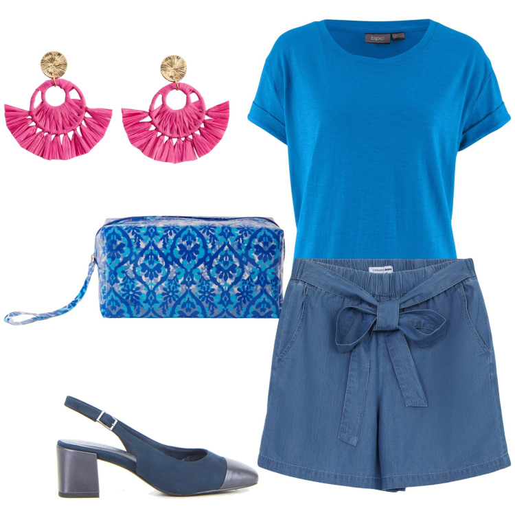 Outfit donna - Total look #2230103. Stile Casual per Mare. Abbinamento con t-shirt, orecchini, shorts, pochette, décolleté.