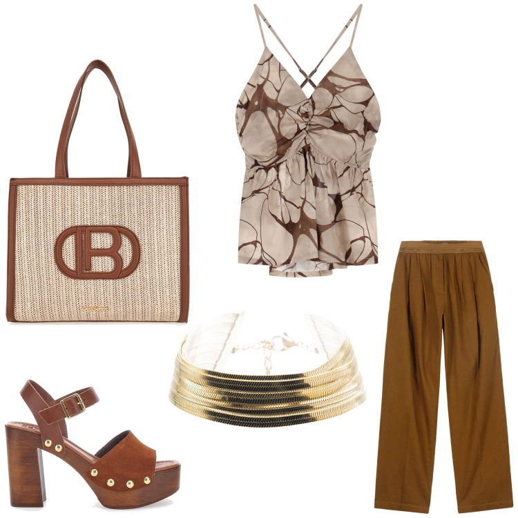 Outfit donna - Caffè con le amiche. Stile Chic per Serata fuori. Abbinamento con canottiere, braccialetti, pantaloni, sandali col tacco, borse a spalla.