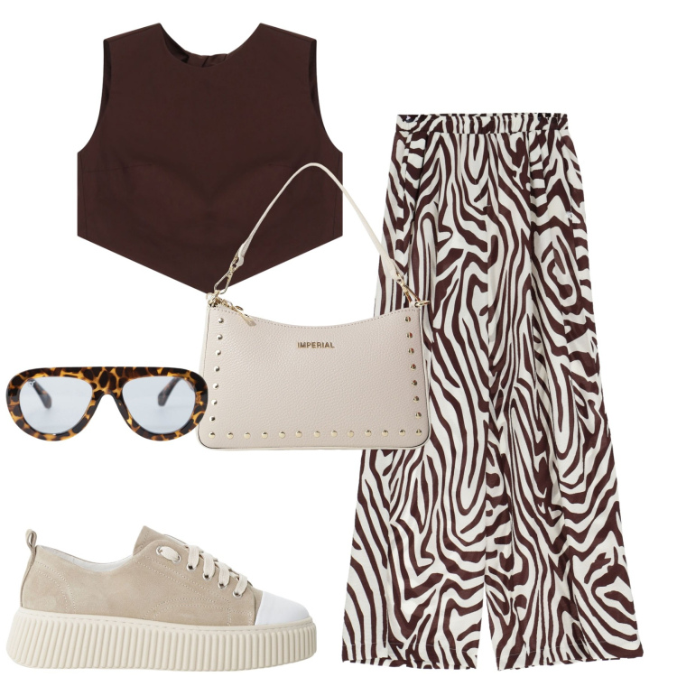 Outfit donna - Imperial. Stile Casual chic per Tutti i giorni. Abbinamento con sneakers, occhiali da sole, top, pantaloni a palazzo, borse a spalla.