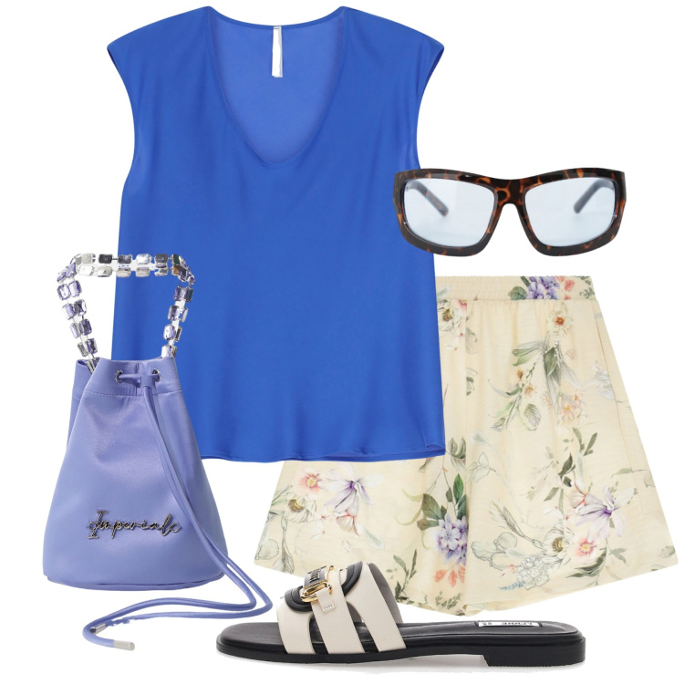 Outfit donna - Total look #2230111. Stile Romantica per Tutti i giorni. Abbinamento con borse a secchiello, occhiali da sole, pantaloni corti, top, ciabatte.