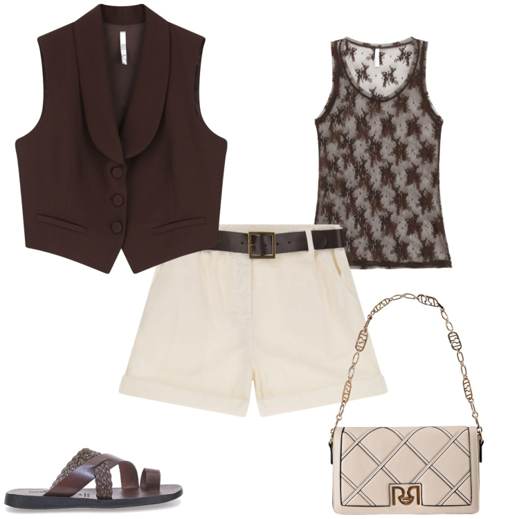 Outfit donna - Settembre. Stile Trendy per Tutti i giorni. Abbinamento con borse a tracolla, shorts, canottiere, gilet, ciabatte.