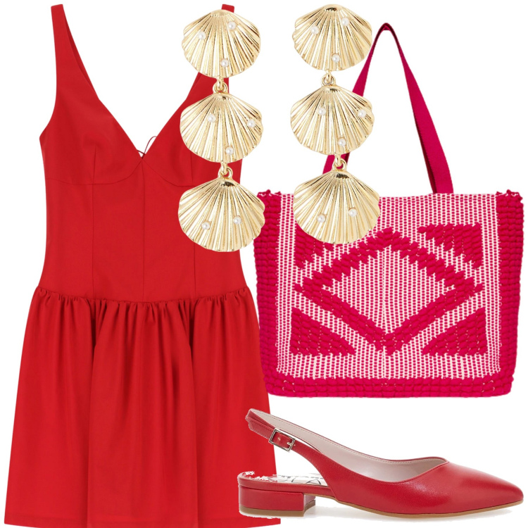 Outfit donna - Conchiglie sul rosso. Stile Urban per Tutti i giorni. Abbinamento con orecchini, vestiti corti, ballerine, borse a mano.